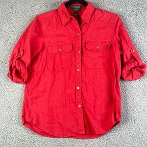 Lauren Ralph Petites Top Women PM Red Button Linen Roll Tab Sleeves Flap Pockets